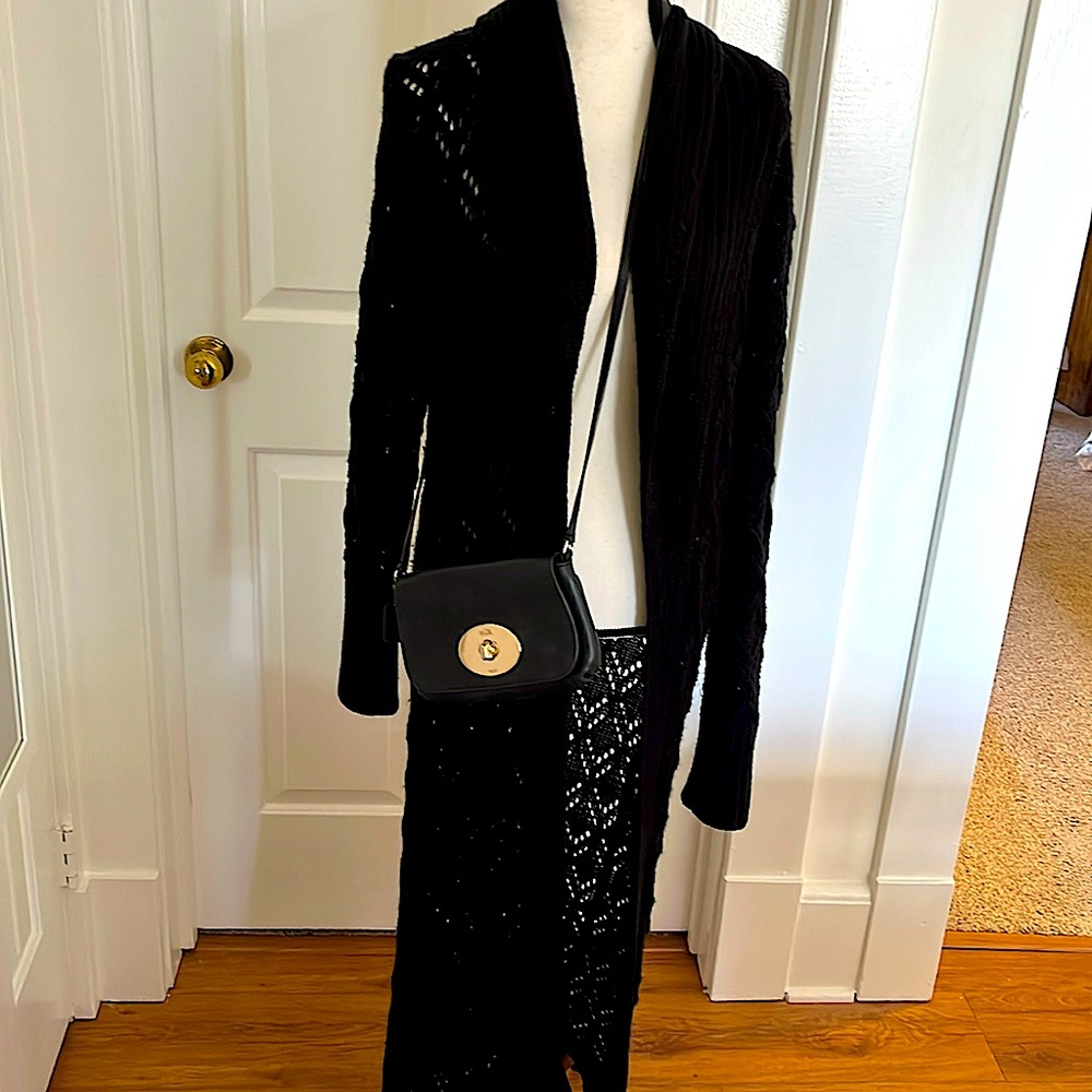 Easel Black Crochet Knit Open Front Full Length Duster Wool Acrylic Blend GUC